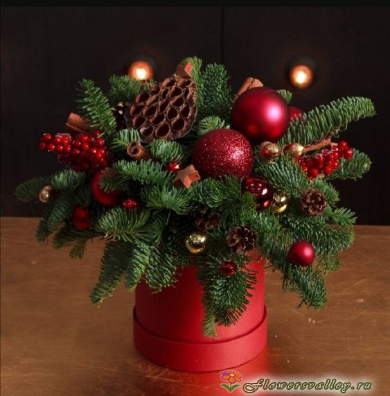 Композиция из нобилиса в шляпной коробке "Новогодний сюжет"