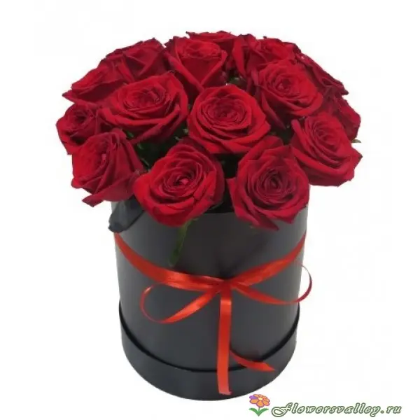 Цветы в коробочке. 15 красных роз в черной коробочке.
