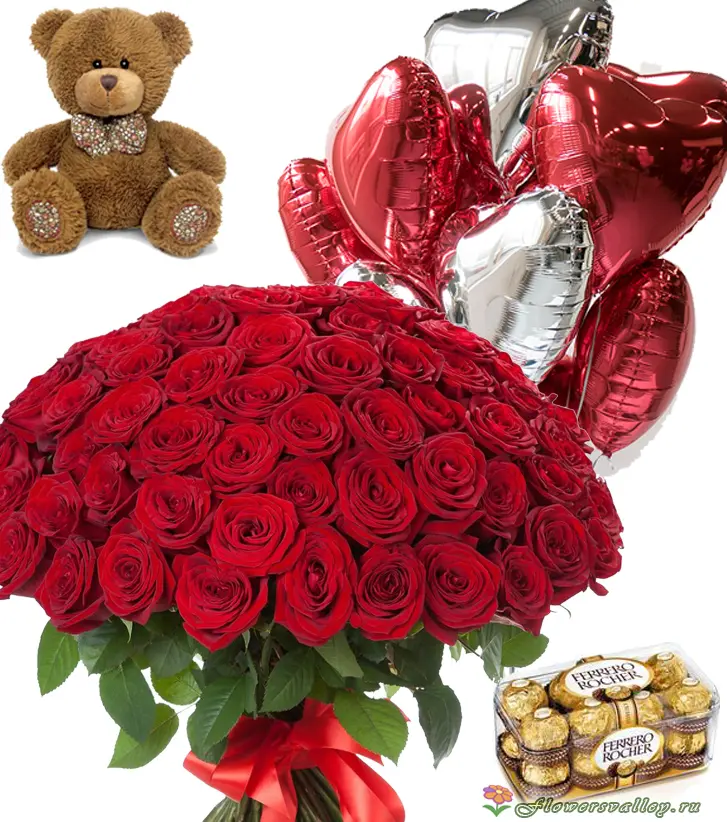 51 красная роза, шары сердечки, плюшевый мишка, конфеты