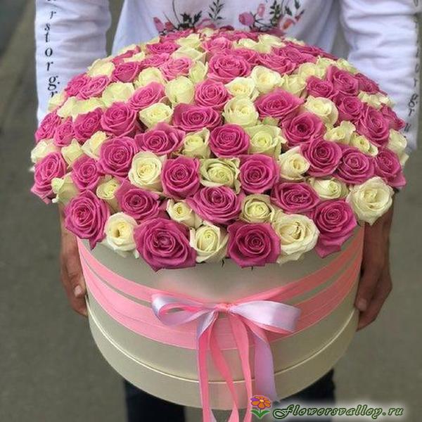101 бело-розовая роза в шляпной коробке