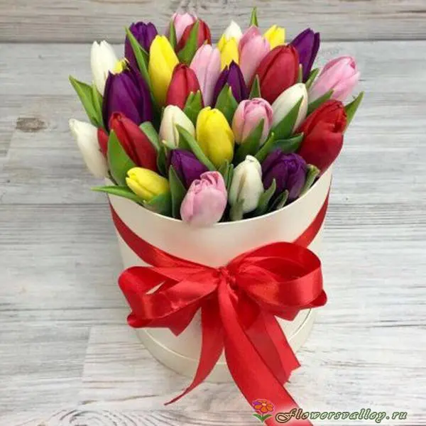 Шляпная коробка с 25 разноцветными тюльпанами