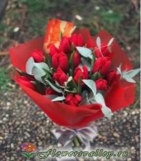 Букет 15 красных тюльпанов с  эвкалиптом