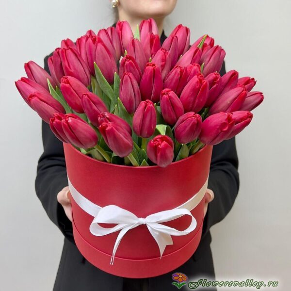 35 красных тюльпанов в коробочке