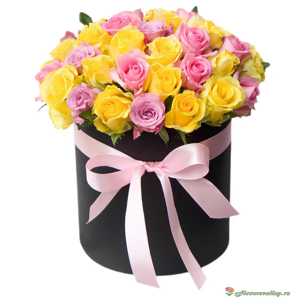 Шляпная коробка из розовой и желтой розы, 25 шт.