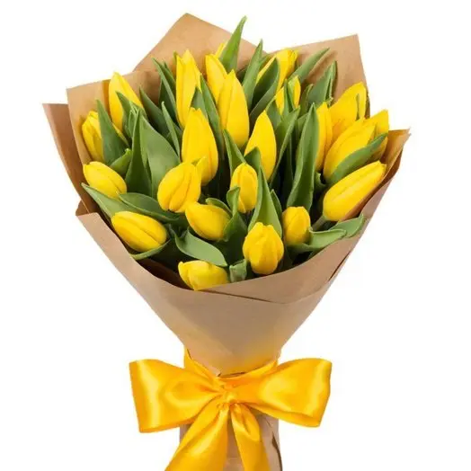 Букет цветов. Тюльпаны желтые 25 шт. в бумаге крафт
