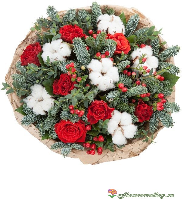 Букет новогодний с хлопком и розами