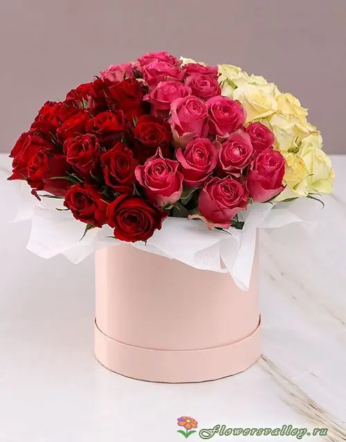 Шляпная коробка с разноцветной розой (пр-во Эквадор) - 51 шт.