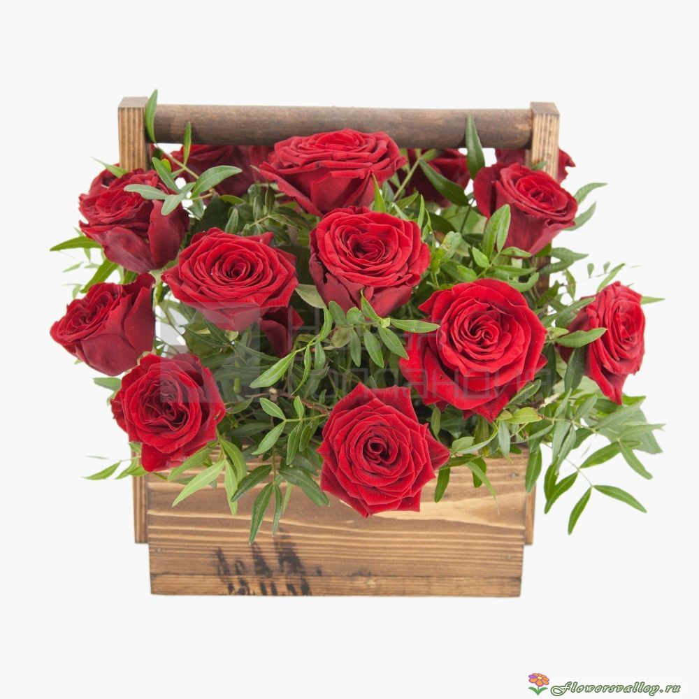 Розы в деревянном ящичке, 11 шт.
