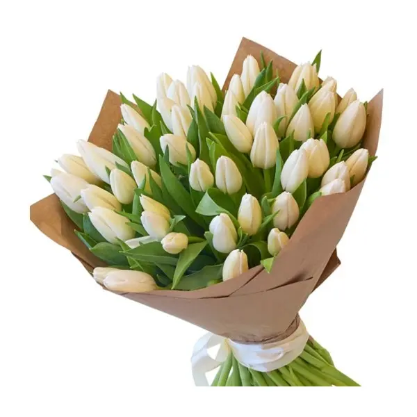 Букет белых тюльпанов 25 шт. в бумаге крафт