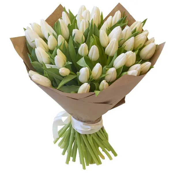 Букет белых тюльпанов 35 шт. в бумаге крафт