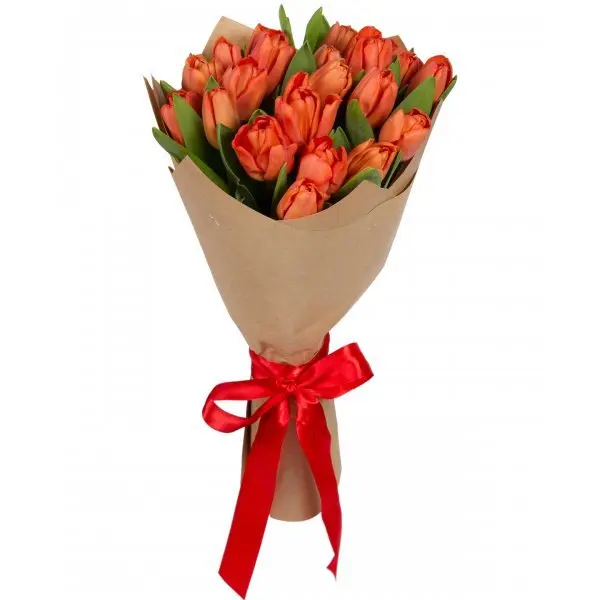 Букет цветов. Тюльпаны красные 15 шт. в бумаге крафт