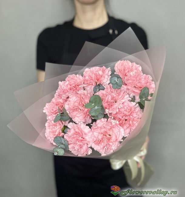 Букет из гвоздик и эвкалипта, 11 шт