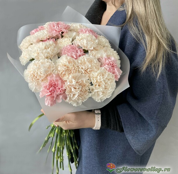 Букет из гвоздик и эвкалипта, 25 шт