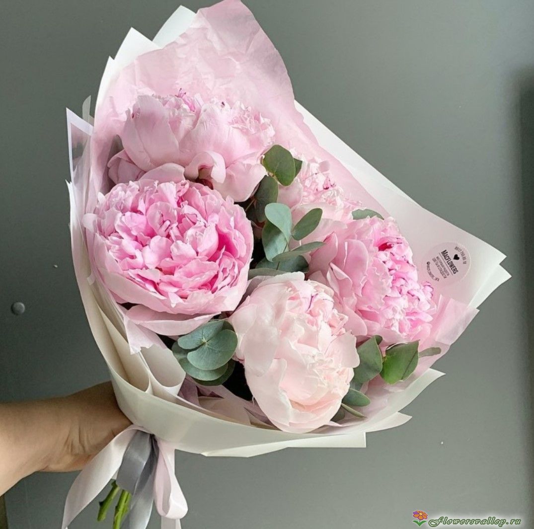 Букет из пионов с эвкалиптом, 5 шт