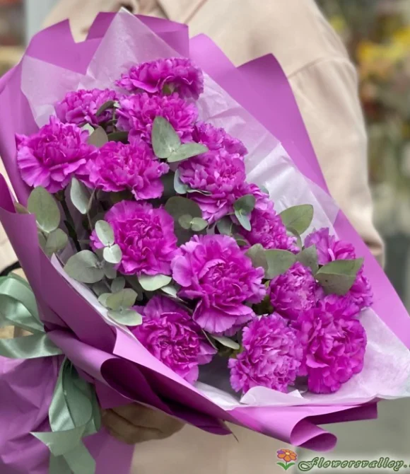 Букет гвоздик сорта Фарида (Carnation Farida) с эвкалиптом Цинерия