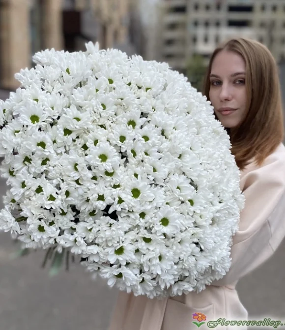 Букет из 51 белых хризантем. Сорт Бакарди