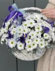 Корзина с белой хризантемой и ирисами