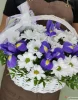 Корзина с белой хризантемой и ирисами